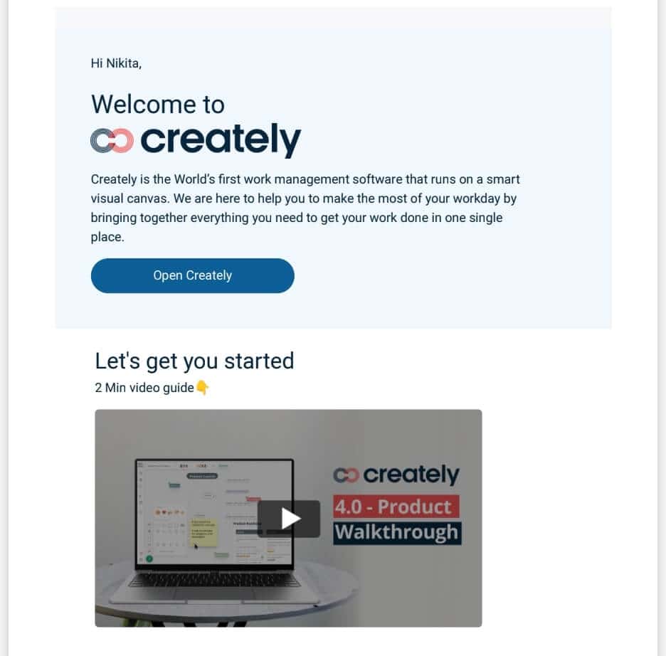 Creately ecommerce welcome email example