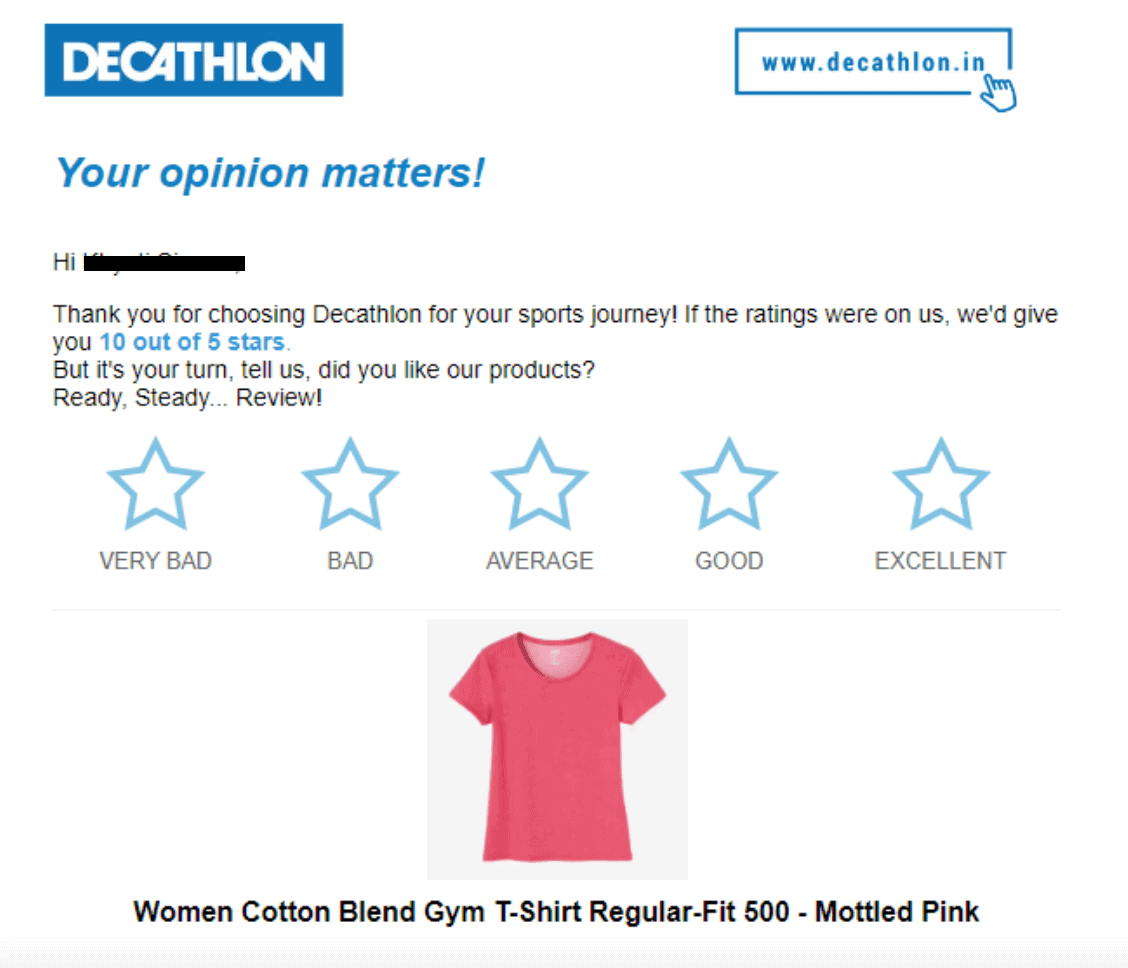Decathlon product review email