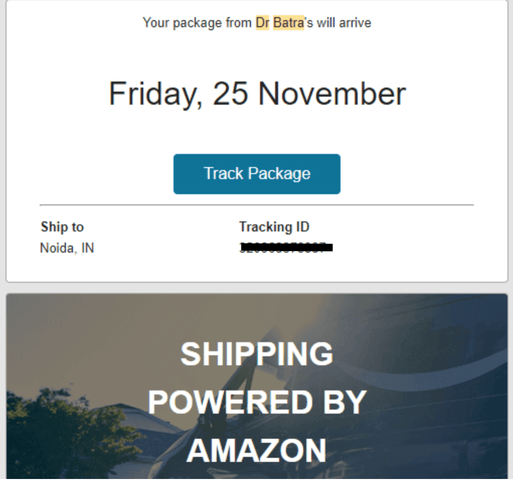 shipping tracking link email example 
