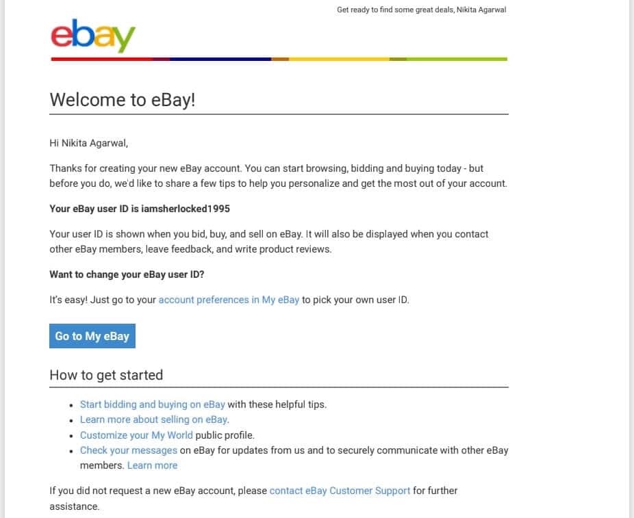 eCommerce welcome email example from eBay 
