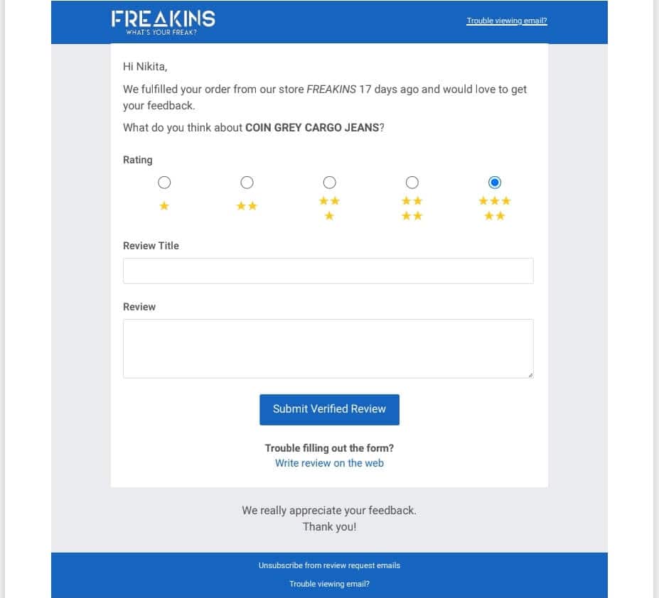 ecommerce review request email from freakins