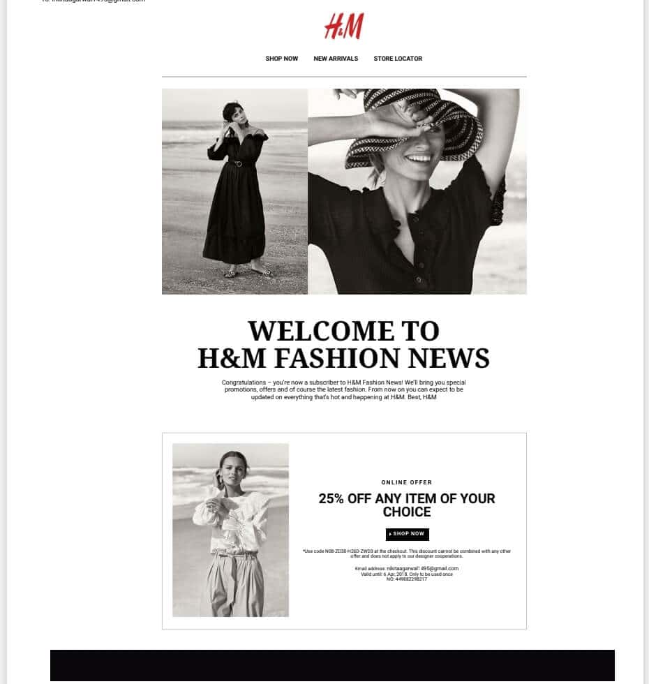ecommerce email example from H&M fashion