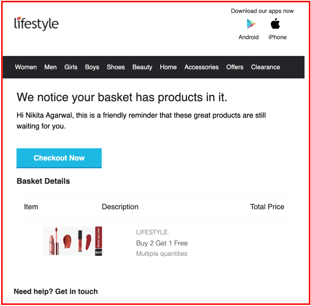 shopping cart abandonment email example by Lifestyle Stores