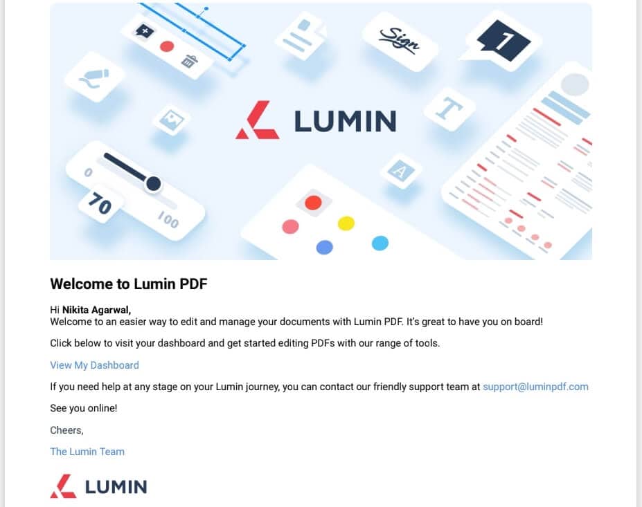 Lumin PDF welcome email 