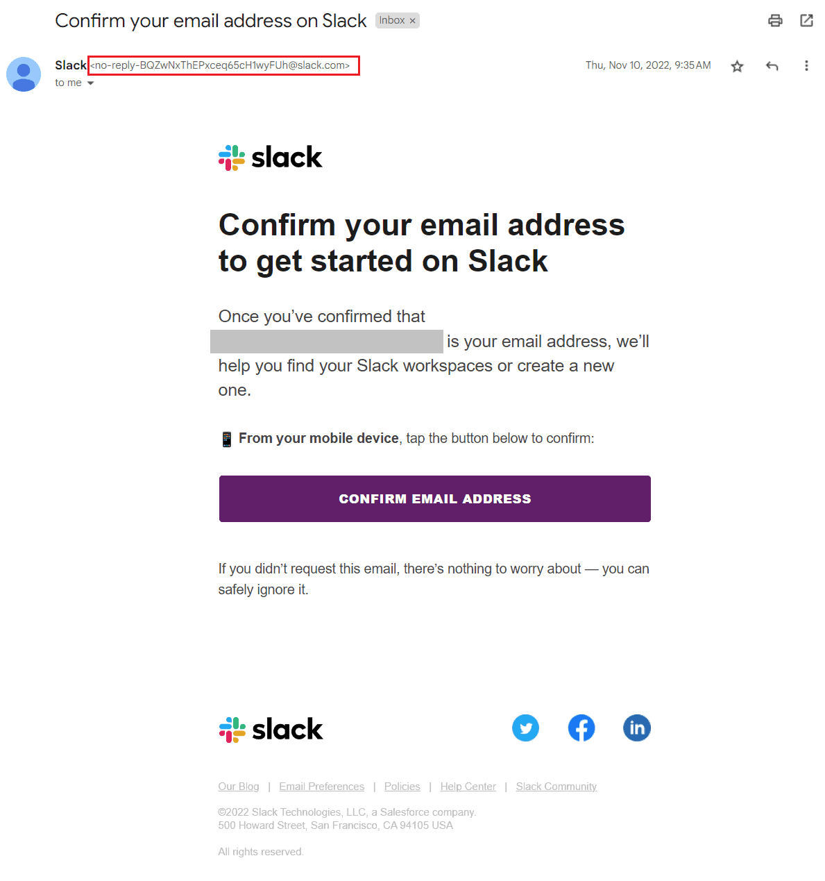 Email address confirmation example by Slack