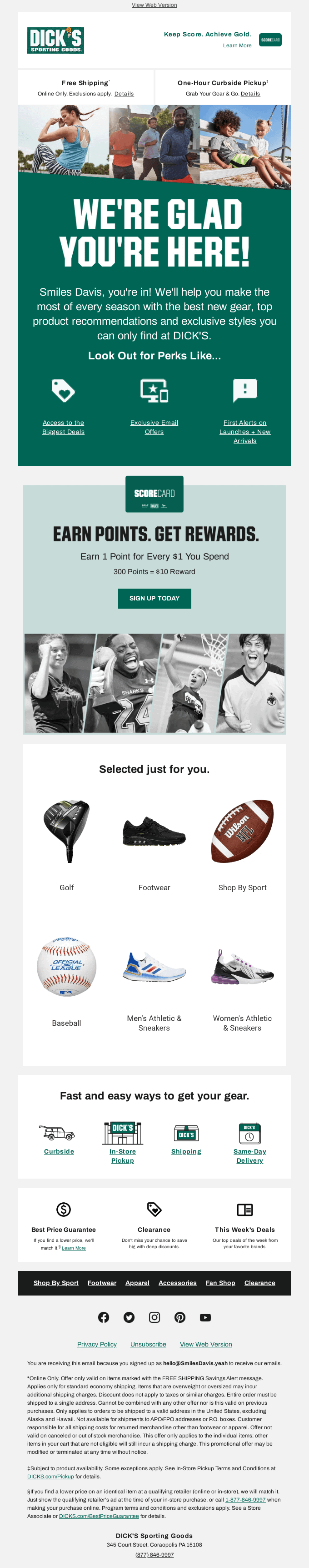 welcome email personalization example by Dick's Sporting Goods