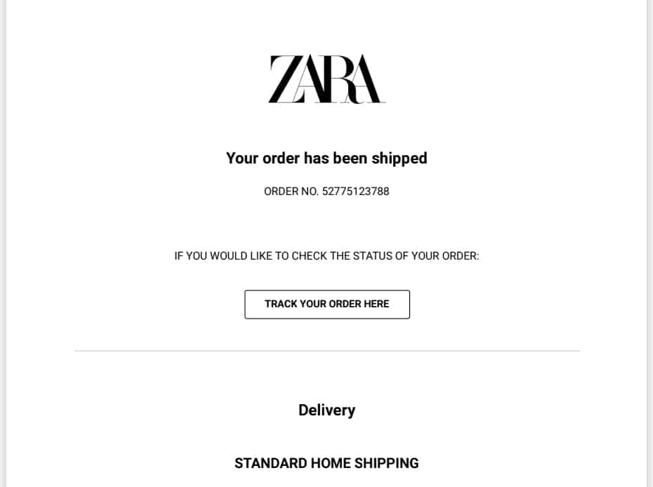 Zara - post-purchase email campaign
