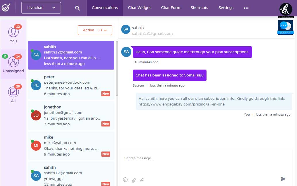 Live chat dashboard example from EngageBay