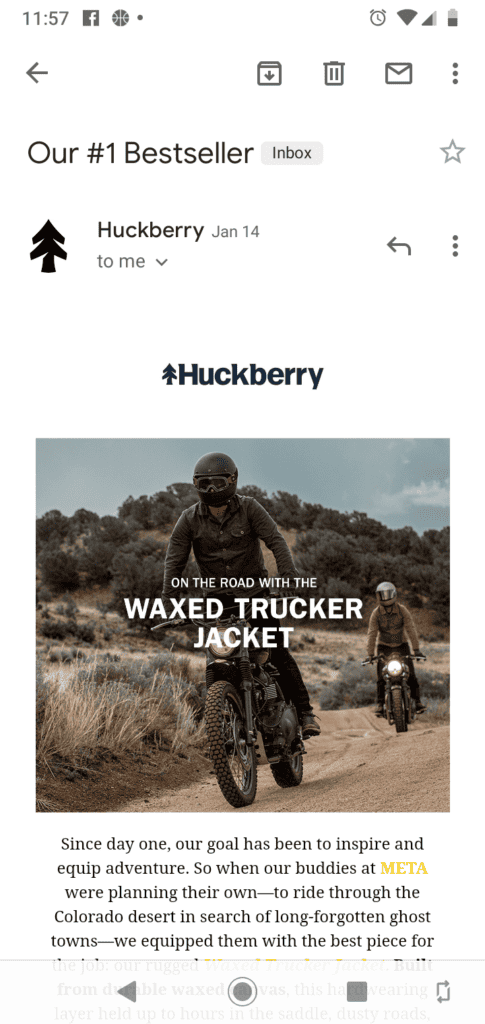 Mobile friendly email example from Huckberry