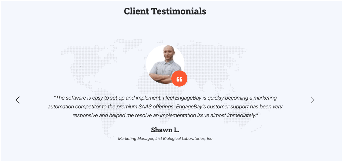 engagebay's client testimonial 