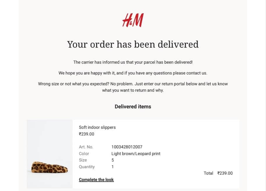delivery confirmation email example - post-purchase email campaign