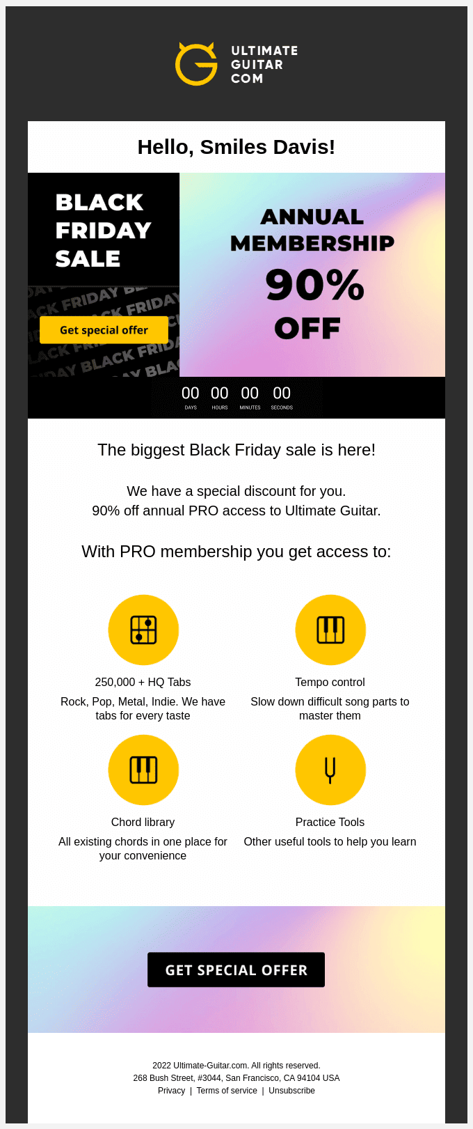 Ultimate Guitar's Black Friday marketing email