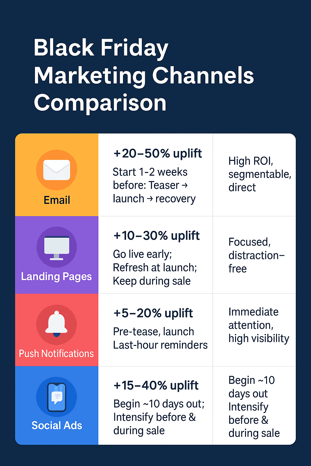 Comparison of Black Friday marketing channels: email, landing pages, push notifications, social ads — expected conversion lift and ideal timing