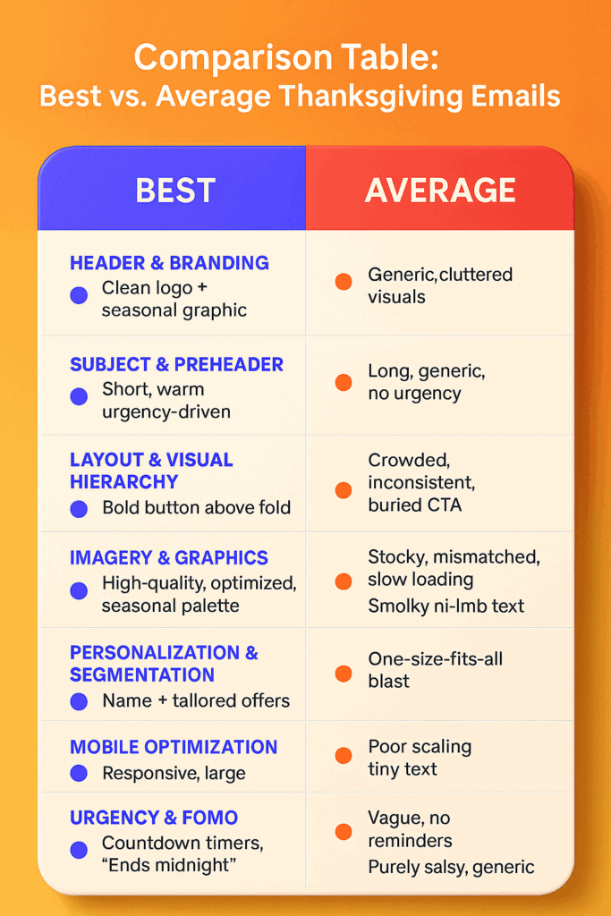 Thanksgiving email examples comparison table showing best vs average designs