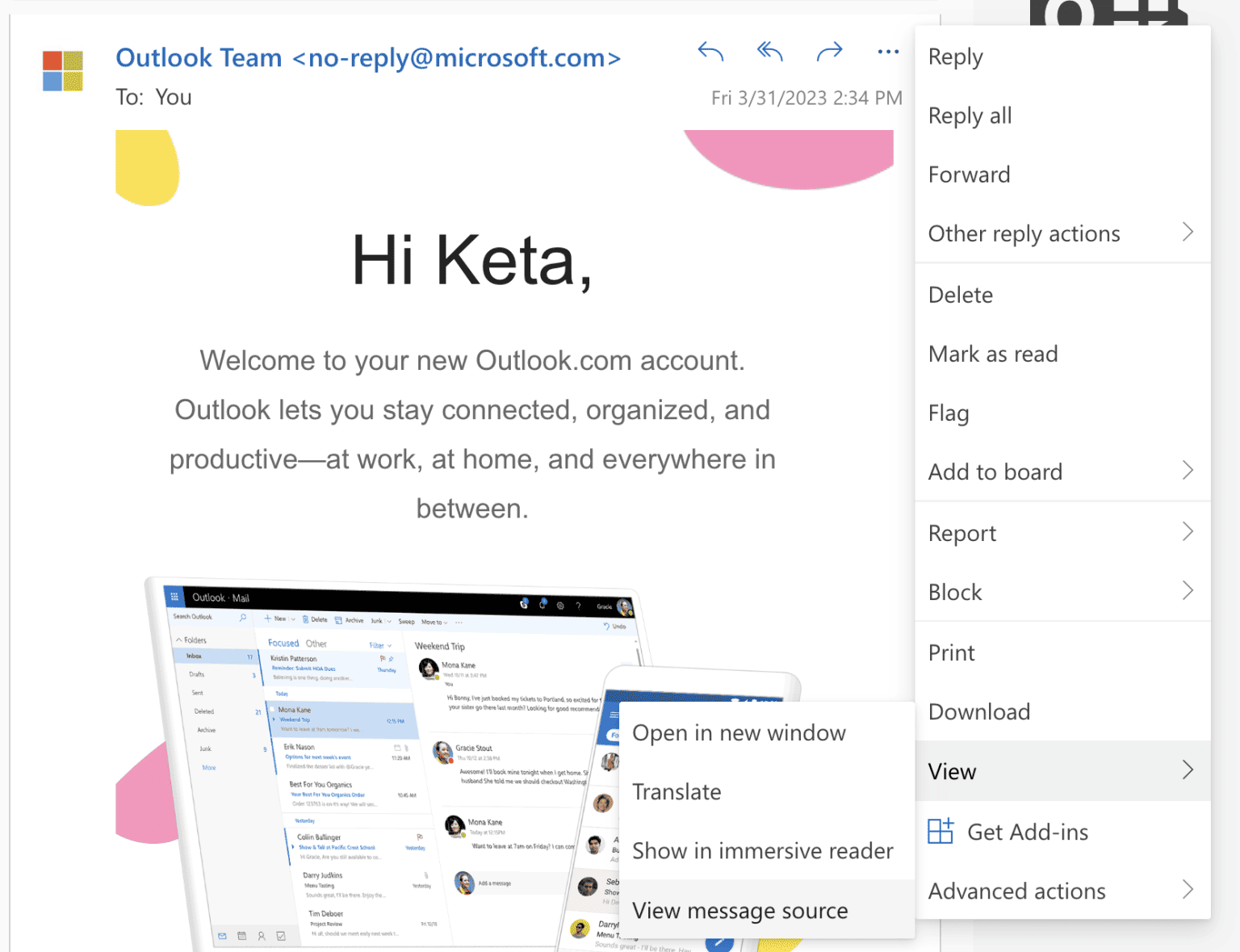 Email headers in Outlook