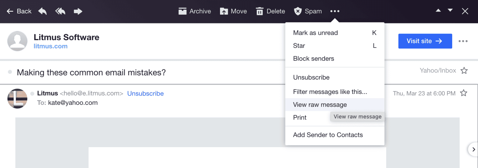 Email headers in Yahoo