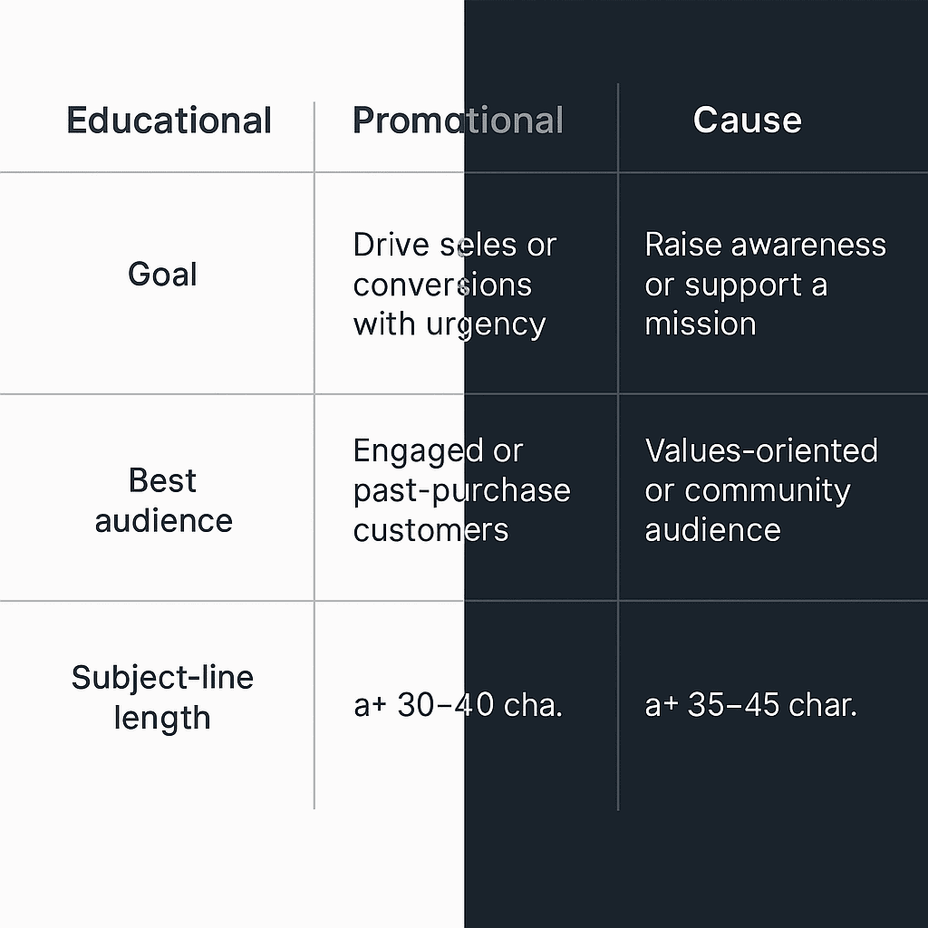 Comparison table of November newsletter types: educational, promotional, and charitable with audience and open-rate tips