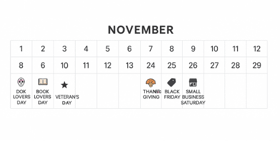November email calendar with key dates: Veteran's Day, Thanksgiving, Black Friday, Small Business Saturday, Cyber Monday