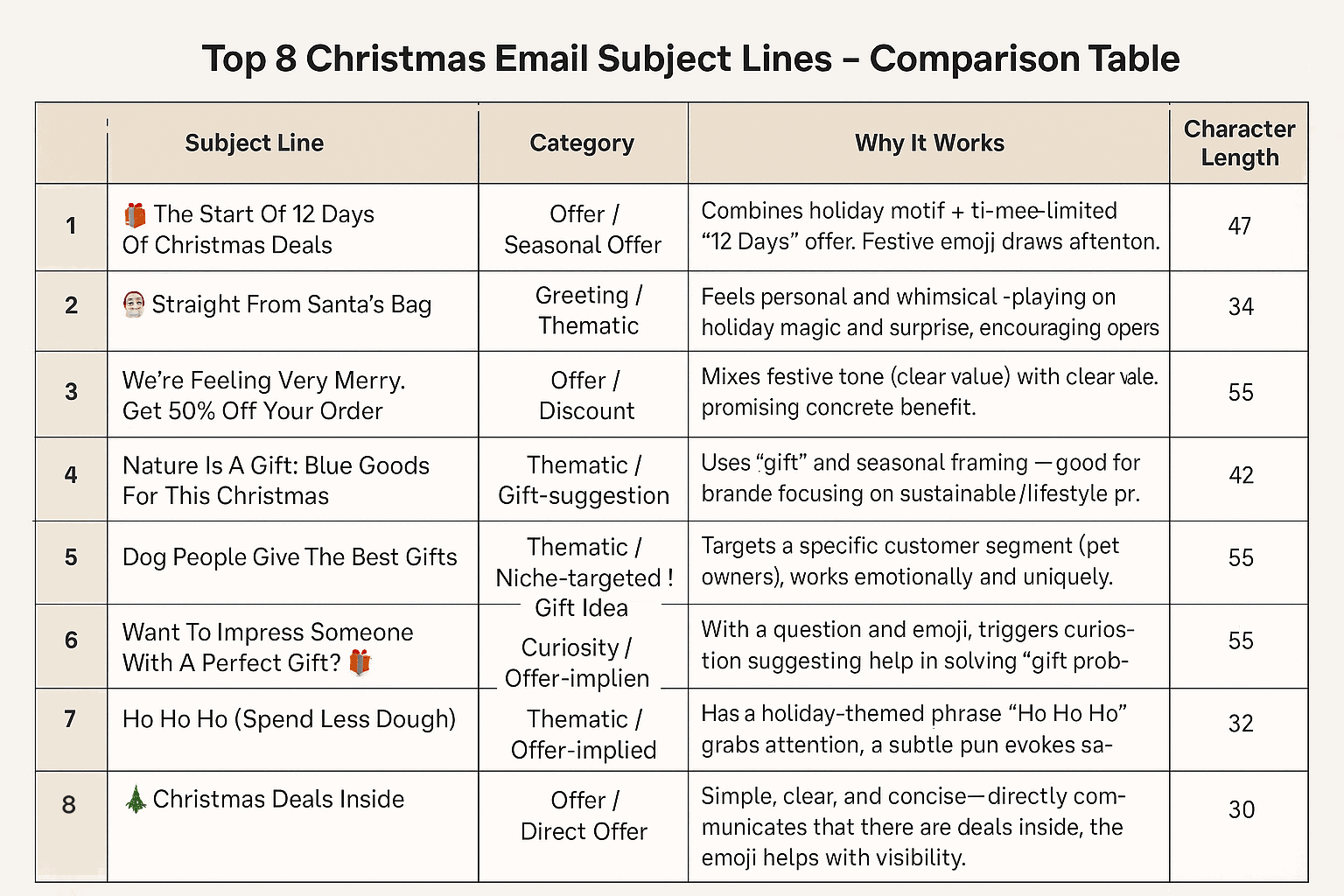 Top 8 Christmas email subject lines and why they work — comparison table