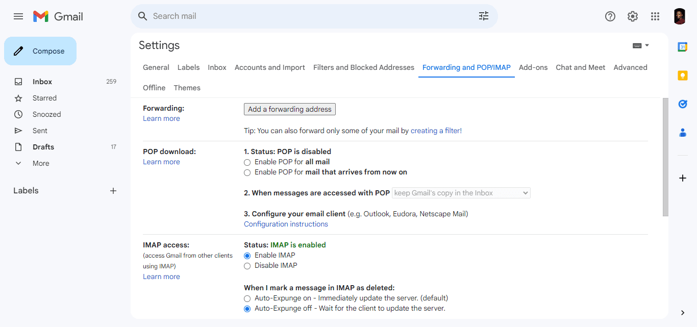 POP and IMAP settings in Gmail