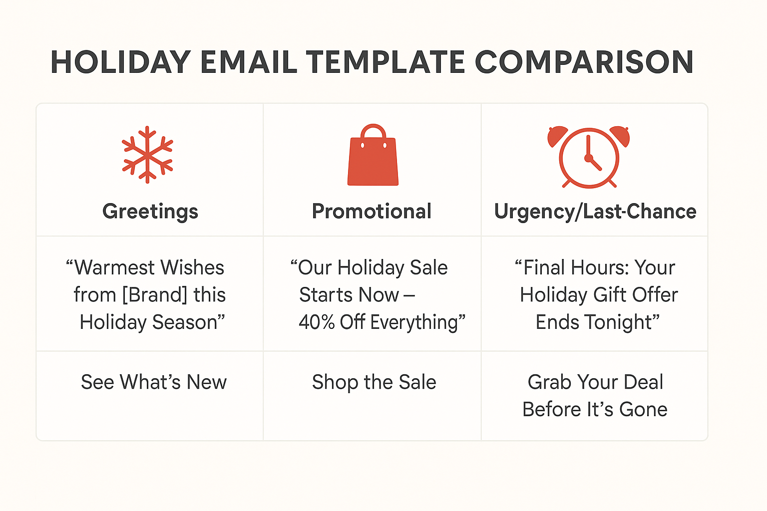 Comparison table showing 3 holiday email template types: Greetings, Promotions, Abandonment — with purpose, best subject line style, and CTA examples.