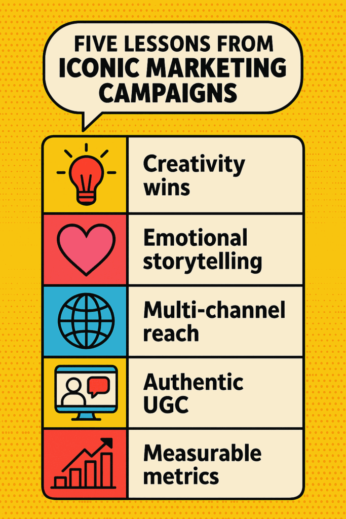 Infographic summarizing five lessons from iconic marketing campaigns.