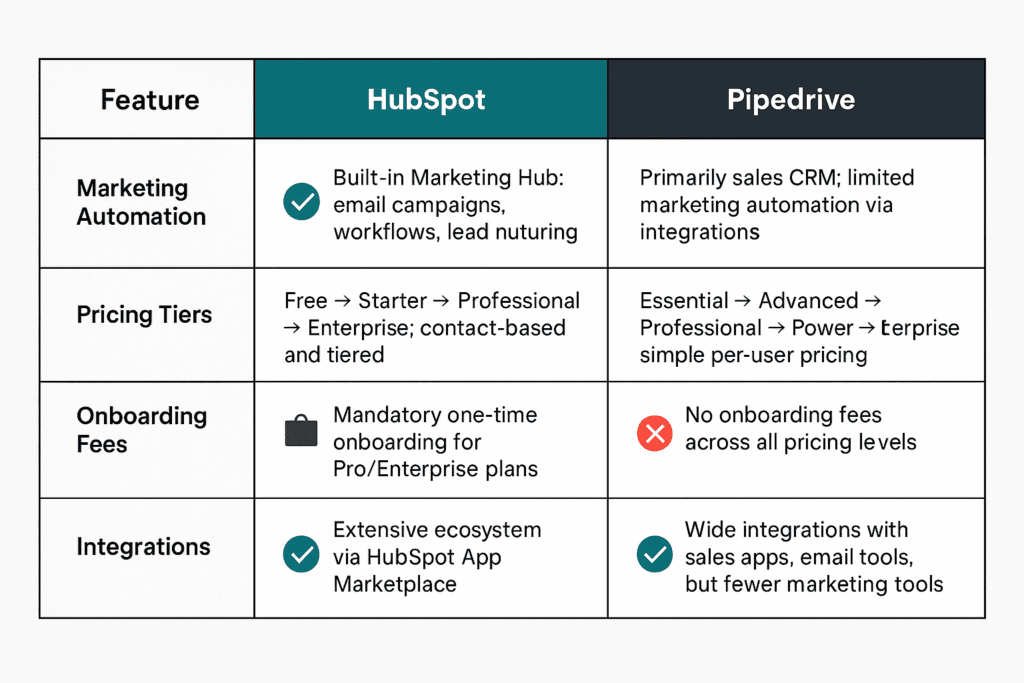 Comparison table showing HubSpot vs Pipedrive feature matrix