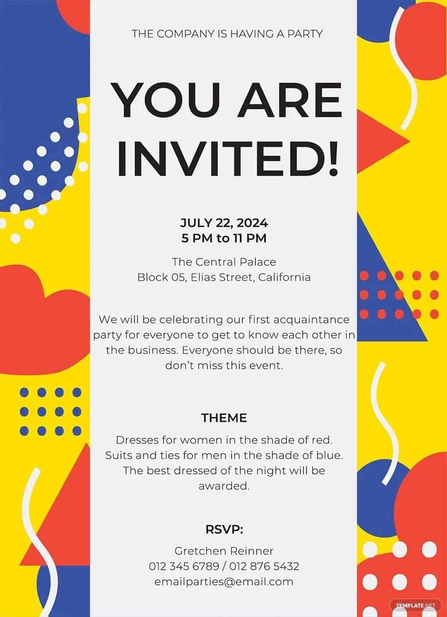 Party invite email template with bright colors and patterns