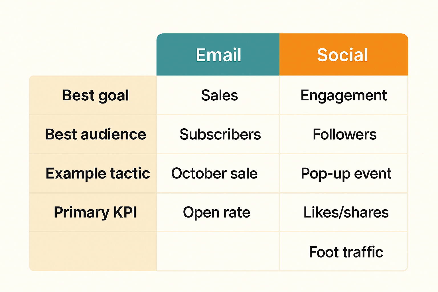 Comparison table: Fall email vs social vs offline campaign — goals, best audience, KPI focus