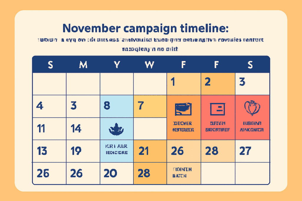 November marketing calendar showing Thanksgiving, Black Friday, Cyber Monday, Small Business Saturday and Giving Tuesday