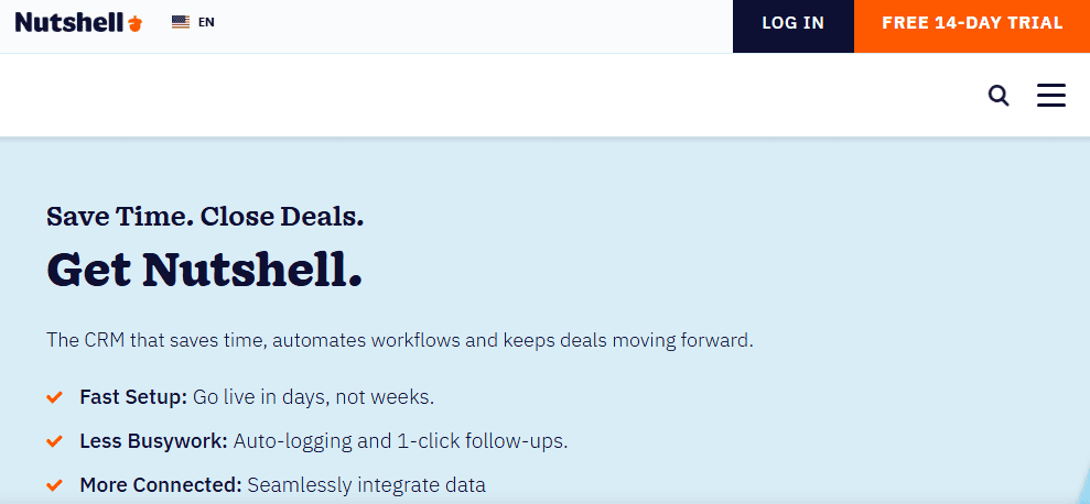 Nutshell CRM homepage screenshot showing Nutshell CRM as a top Pipedrive alternative.