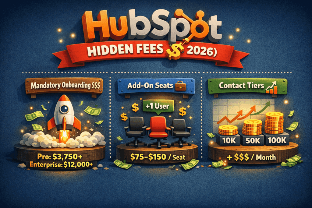Animated infographic showing HubSpot 2026 hidden costs, including mandatory onboarding fees, add-on seat pricing, and contact-based pricing tiers as marketing contacts grow.