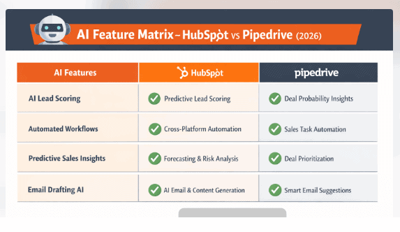 AI automation and predictive features comparison between HubSpot and Pipedrive — 2026 CRM landscape.