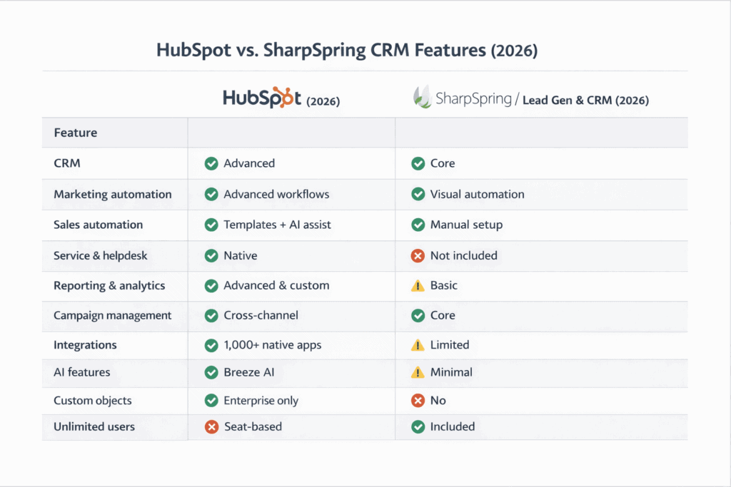 Feature comparison HubSpot vs SharpSpring CRM automation 2026