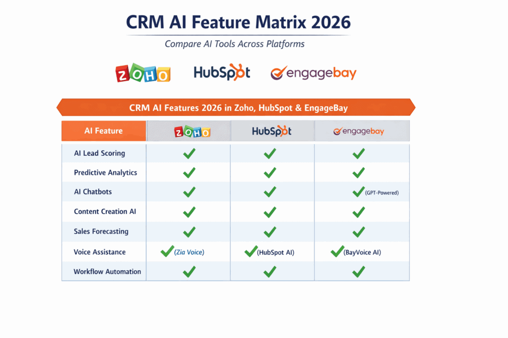 CRM AI features 2026 in Zoho HubSpot EngageBay