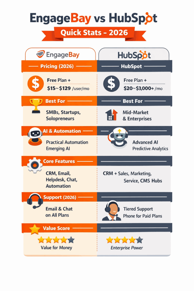 EngageBay vs HubSpot quick stats comparison 2026 showing pricing, features, AI capabilities, and best use cases