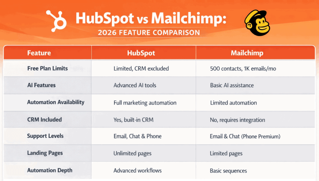 HubSpot vs Mailchimp 2026 feature and pricing comparison table