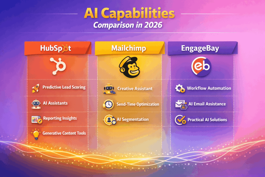 Infographic comparing AI capabilities of HubSpot, Mailchimp, and EngageBay in 2026, including predictive lead scoring, AI assistants, Creative Assistant, segmentation, and workflow automation.