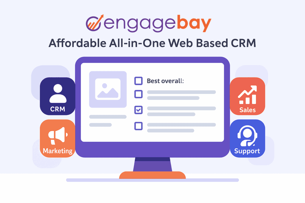 Illustration showing EngageBay’s integrated CRM, sales, marketing, and support tools in one unified platform.