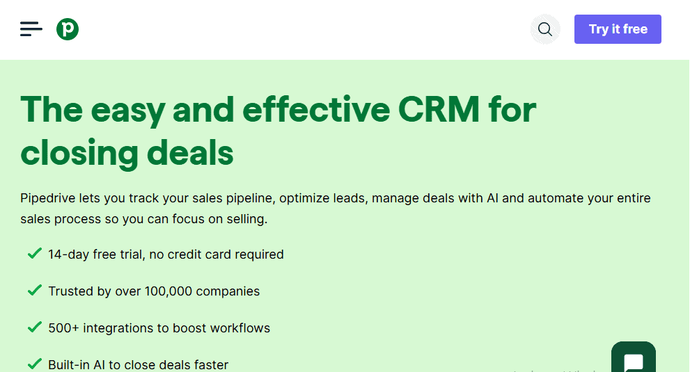 Screenshot of Pipedrive web based CRM for small business homepage