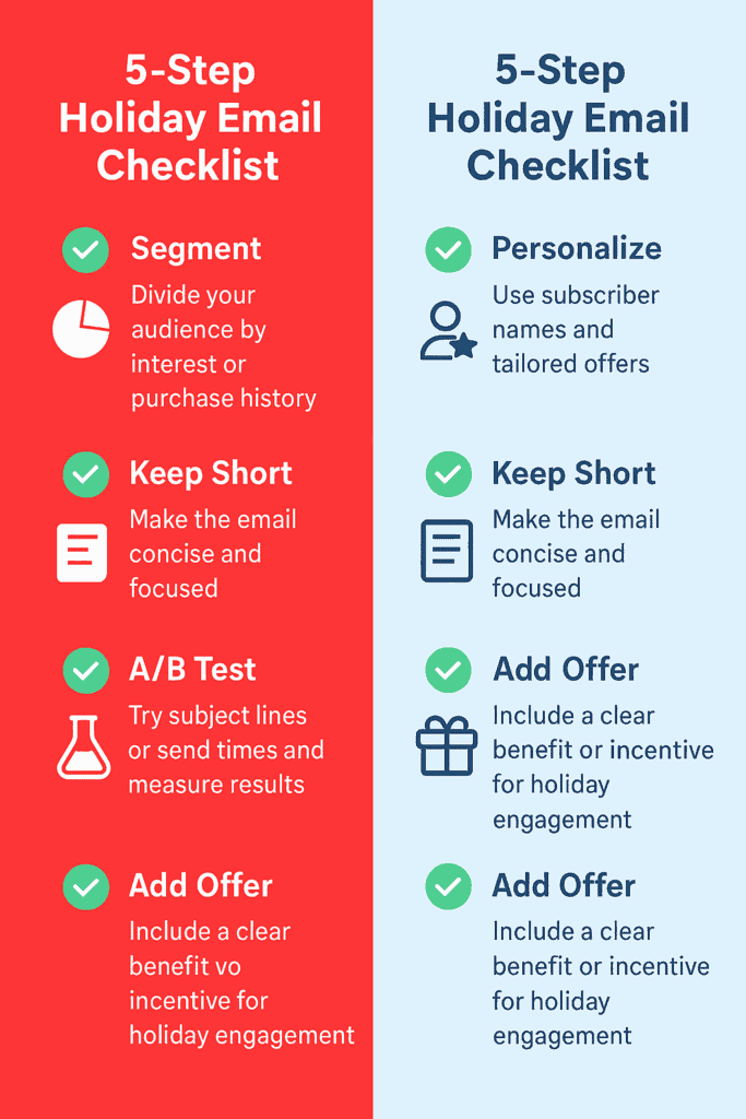 5 step checklist for holiday email campaigns: Segment > Personalize > Keep short > A/B test > Add clear offer.