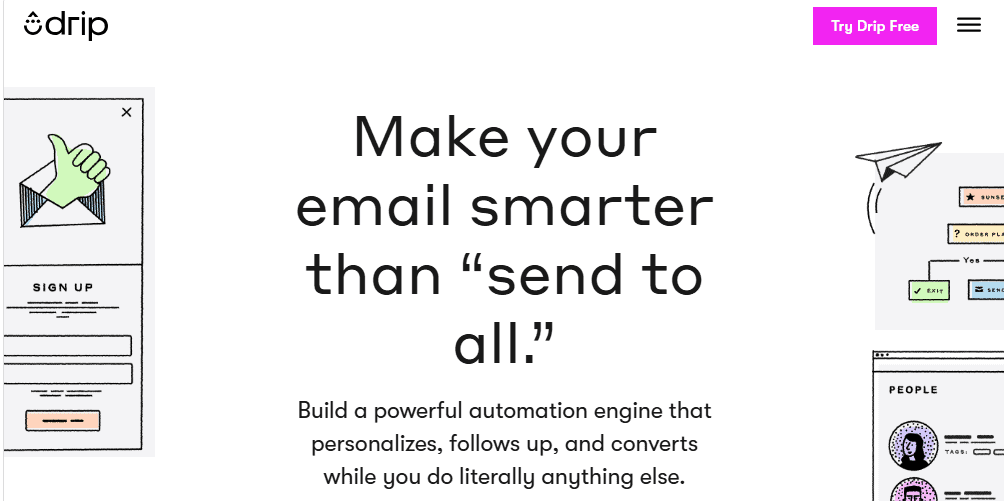 Drip CRM homepage screenshot—HubSpot alternative for affordable CRM