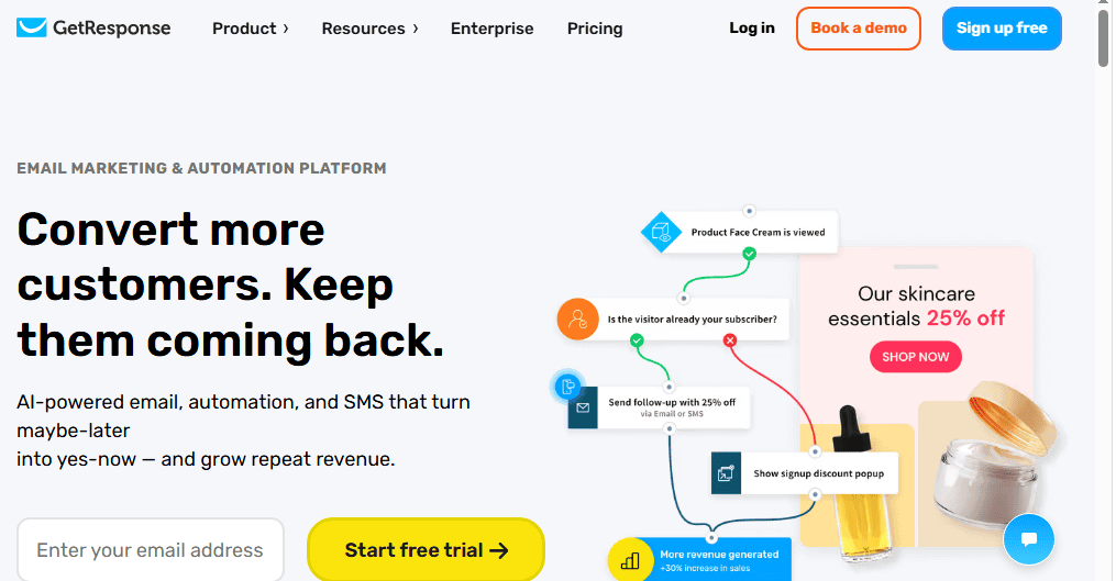 GetResponse CRM homepage screenshot—HubSpot alternative for webinar marketing