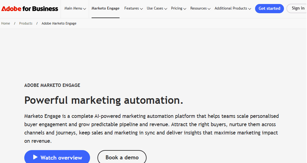 Adobe Marketo CRM homepage screenshot—HubSpot alternative for enterprises