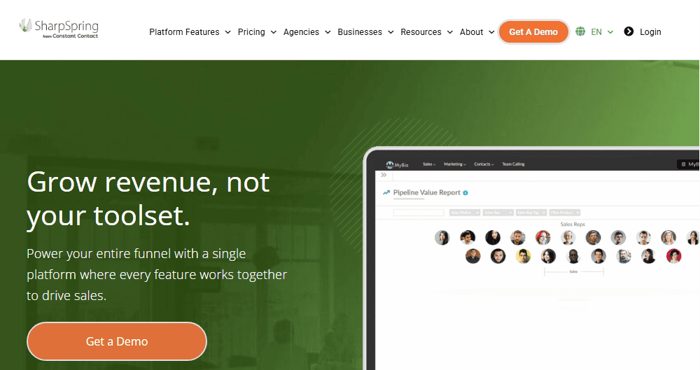 SharpSpring CRM homepage screenshot—HubSpot alternative for agency automation