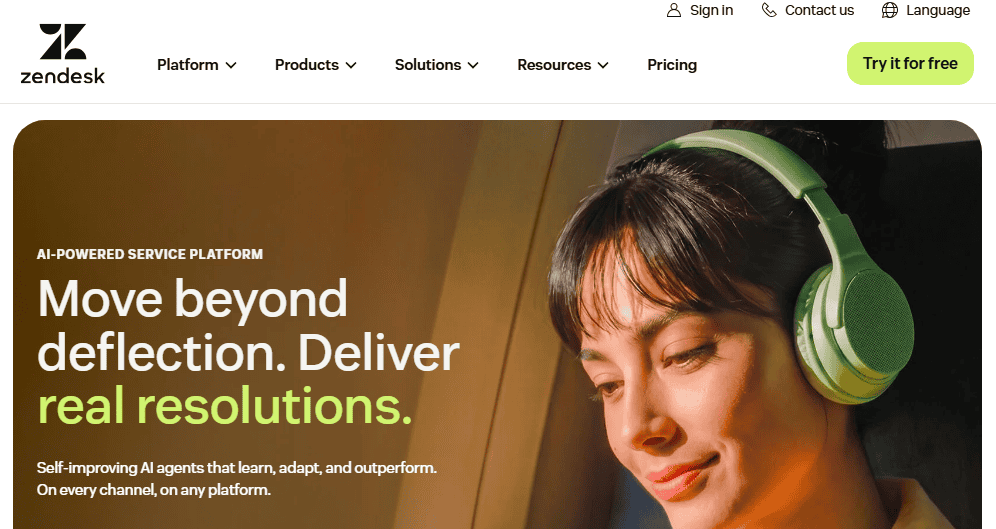 Zendesk CRM homepage screenshot—HubSpot alternative for omnichannel customer support