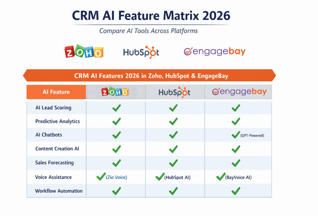 CRM AI features 2026 in Zoho HubSpot EngageBay