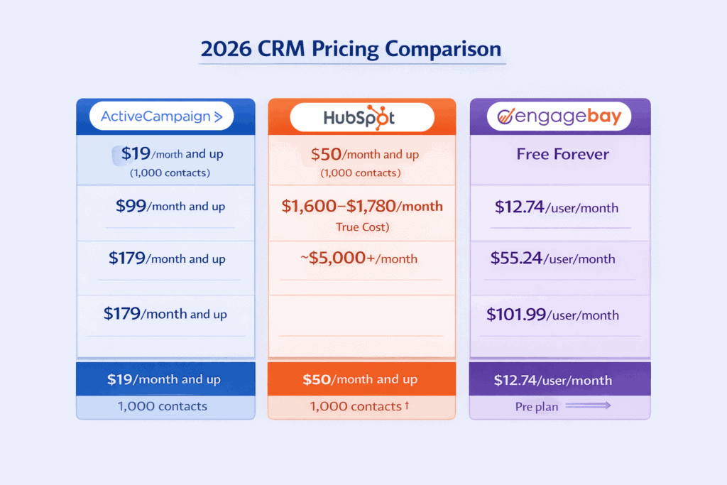 Updated CRM pricing comparison for ActiveCampaign, HubSpot, EngageBay 2026