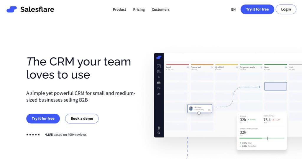 Salesflare CRM homepage screenshot—HubSpot alternative for low-admin B2B sales teams