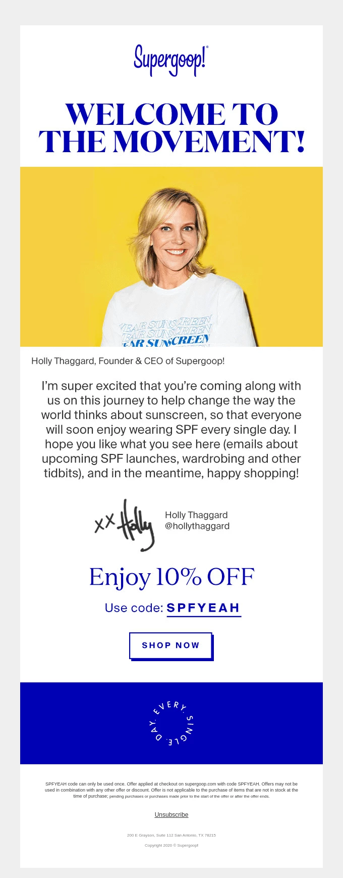 Automatic welcome email example from Supergoop